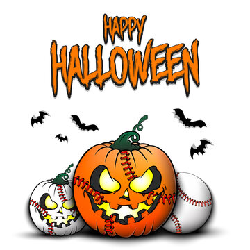 Happy Halloween. Template baseball design. Baseball balls in the form of a pumpkins on an isolated background. Pattern for banner, poster, greeting card, flyer, party invitation. Vector illustration