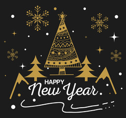 Happy new year with pine trees and snowflakes design, Welcome celebrate and greeting theme Vector illustration