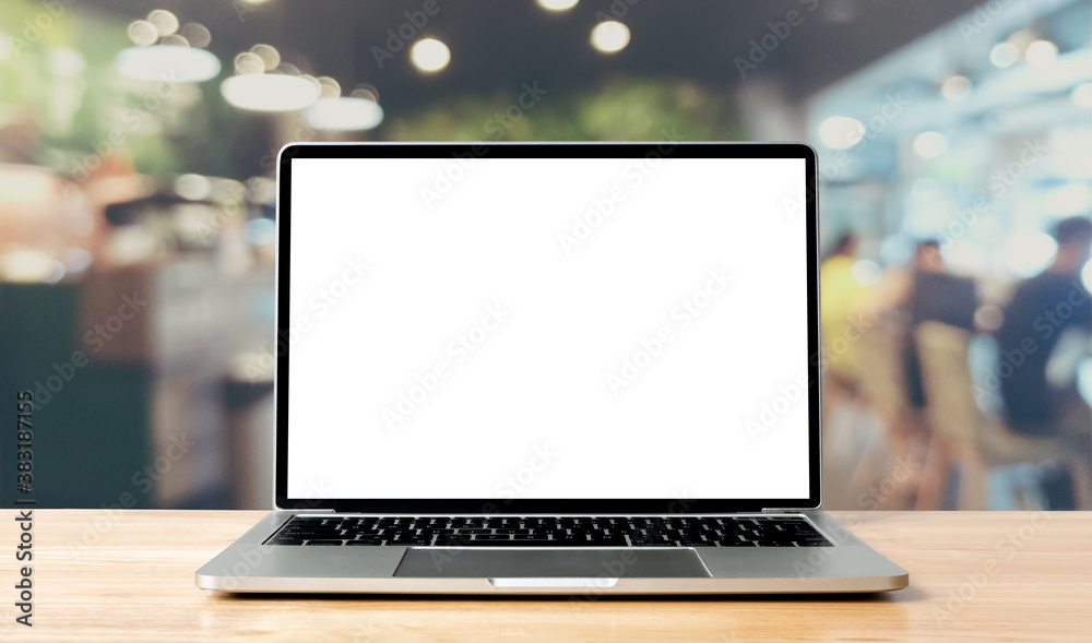 Fototapete laptop blank screen on wood table with coffee cafe background, mockup, template for your text, clipp