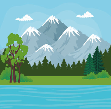 Landscape of mountains pine trees and river design, nature and outdoor theme Vector illustration