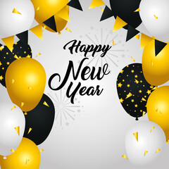 Happy new year balloons with banner pennant design, Welcome celebrate and greeting theme Vector illustration
