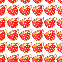 Seamless pattern with red polka dot cups. Watercolor Background and texture with Mugs from hot drink. Hand drawn kitchen supplies. Perfect for packaging, home decoration, textile, menu, cafe