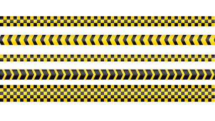 Police tape, crime danger line. Caution police lines isolated. Warning and barricade tapes. Set of yellow warning ribbons. Vector illustration.