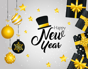 Happy new year spheres and gifts design, Welcome celebrate and greeting theme Vector illustration