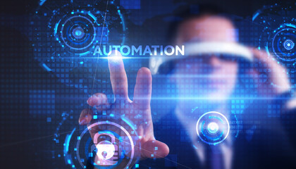 Business, technology, internet and network concept. Young businessman thinks over the steps for successful growth: Automation