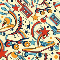 Character seamless pattern with 90 s audio cassette, rollers, skateboard, retro tape cassette. Concept of: vintage music, old school,1980s pop songs.