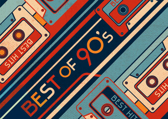 Retro Disco template for a party, Festival, Event, Club Flyer, Invitation, Poster, web banner. Best hits of 90's concept. Retro elements cassette and headphones.