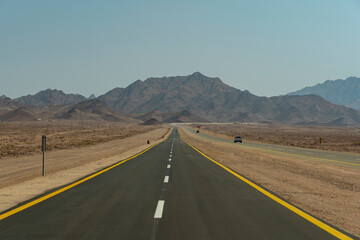 Desert road in remote rural area of Tabuk in north western Saudi Arabia