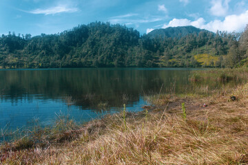 Fototapeta na wymiar Mountain Landscape with lake at Ranu Kumbolo Semeru Volcano Mountain, East Java, Indonesia.