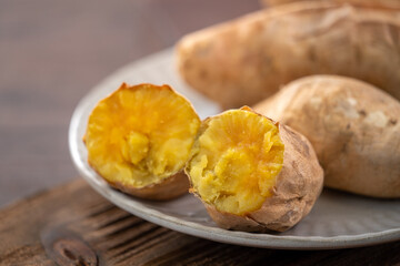 Taiwanese food - Homemade delicious roasted sweet potato in a plat for eating.