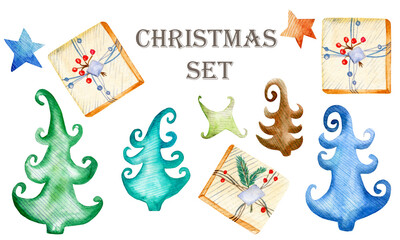 Naklejka premium Set of watercolor elements. Christmas trees, New Year's gifts, stars. Design for gifts, cards, stickers and more