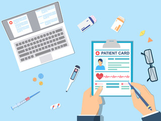A doctor filling out a patient s medical record on his Desk with an open laptop and medical supplies lying on it. Flat vector illustration. Top view