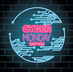 cyber monday neon with circuit design, sale ecommerce shopping online theme Vector illustration