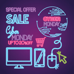 cyber monday neon icon set design, sale ecommerce shopping online theme Vector illustration