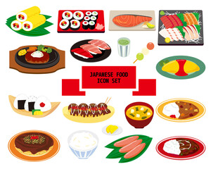 日本食のベクターイラストアイコンセット　寿司　カレーライス