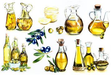 Set of elements for label design, watercolor illustrations of olive branches and bottles with olive oil