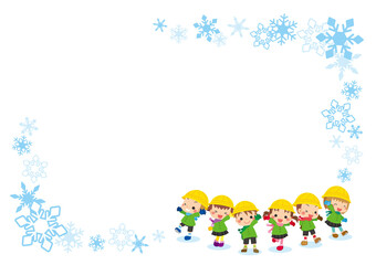 Obraz na płótnie Canvas 冬服を着た可愛い幼稚園児キッズグループのイラスト　雪の結晶フレーム
