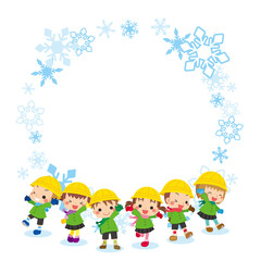 冬服を着た可愛い幼稚園児キッズグループのイラスト　雪の結晶フレーム