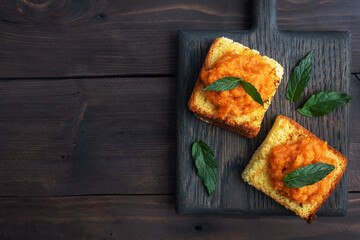 Sandwich with toast and zucchini caviar. Vegetable caviar on bread, a healthy vegetarian snack. copy space