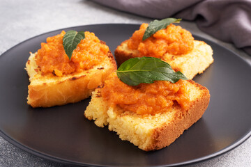 Sandwich with toast and zucchini caviar. Vegetable caviar on bread, a healthy vegetarian snack. Close up.