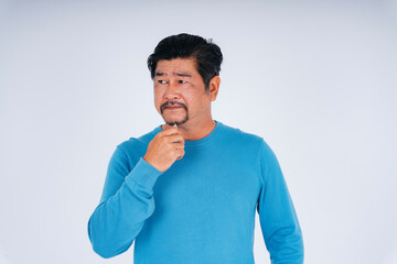 Hipster old elderly senior man in blue long sleeve shirt isolate over white background.