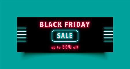 Black Friday sale. Facebook cover page timeline web ad banner template for advertising and promotion. modern neon sign layout design black background