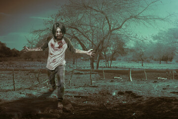 Scary zombie with blood and wound on his body walking