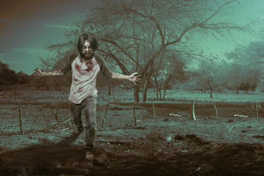 Scary zombie with blood and wound on his body walking