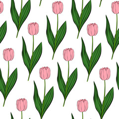 Seamless pattern pink flowers tulips vector illustration