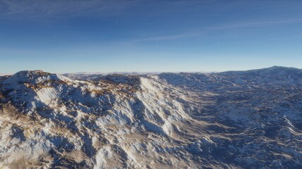 beautiful view from an exoplanet, a view from an alien planet, a computer-generated surface, a fantastic view of an unknown world, a fantasy world 3D render