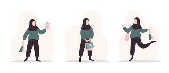 Woman shopping. Happy arab girl carrying bags and gifts. Vector cartoon illustration isolated on white background. Promotion and sale template.