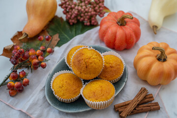 sweet home made vanilla pumpkin muffins on a table