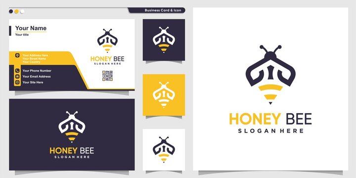 Honey bee logo with unique outline style and business card design Premium Vector
