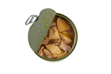 Open tin can of tuna fish isolated on white background