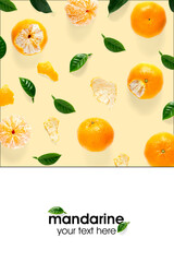 Creative layout of tangerines, mandarines. Unpeeled and peeled ripe tangerines, mandarines, clementines with leaves isolated on white background.