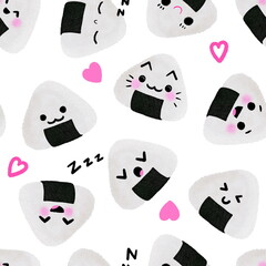 Seamless pattern with funny rice balls. Isolated on a white background