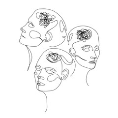 Line Drawing of Three Human Heads With Confused Thoughts In Their Brain. Vector Illustration For Therapist And Psychologist