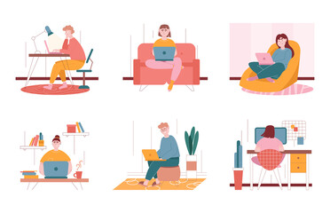 Fototapeta na wymiar Man and woman characters working with laptop at home. Vector illustration set of freelance people work with computer in comfortable conditions at home. Office desk, couch, chair as a workplace