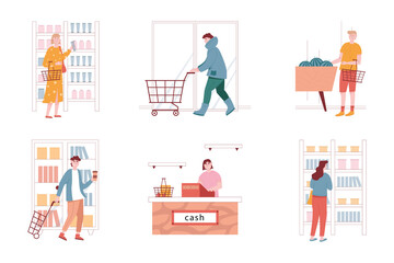 Vector set of people in supermarket store. Woman and man characters buy grocery. Isolated illustration. Woman takes cosmetics from shelves. Checkout counter, cashier