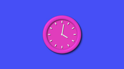 Pink color 12 hours 3d wall clock isolated on blue background,3d wall clock