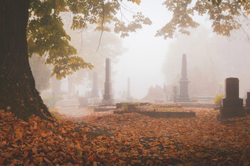 Cemetery graveyard in autumn or fall season covered in leaves and mist with stone marble monument...