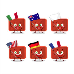 Red plastic tray cartoon character bring the flags of various countries