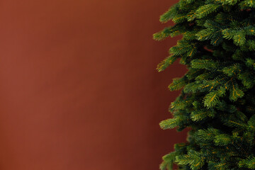 branches of the Christmas tree pine place for the inscription of the new year brown background postcard