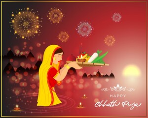 Vector illustration of Happy Chhath Puja, Indian traditional sun festival, women praying in water, diya, temples, colorful fireworks on beautiful background.