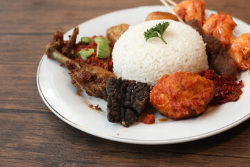Close up traditional indonesian food, nasi rames, sundanese food, culinary, indonesian cuisine
