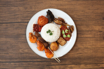 top view traditional indonesian food, nasi rames, sundanese food, culinary, indonesian cuisine