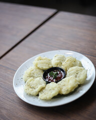 Cireng is Indonesian traditional food, made from sago, and usually served with spicy peanut sauce.