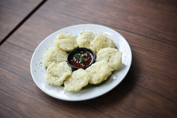 Cireng is Indonesian traditional food, made from sago, and usually served with spicy peanut sauce.