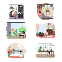 Freelance set. People working from home office, coffee shop, flat vector illustration. Remote work, distance education.