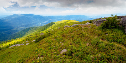 path through grassy alpine mountain meadow. beautiful landscape of carpathians. clouds on the sky